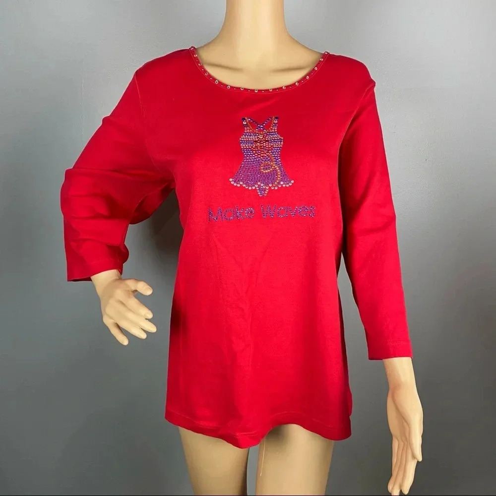 Quacker Factory Women's 1X Red Top Swim suit Graphic 3/4 Length Sleeves Sequins